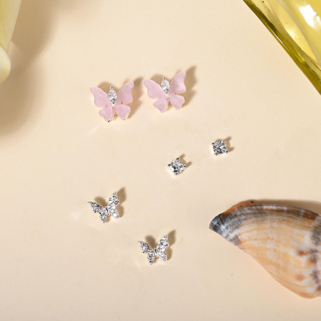 Kids' Dainty Pink Butterfly 925 Silver Stud Trio