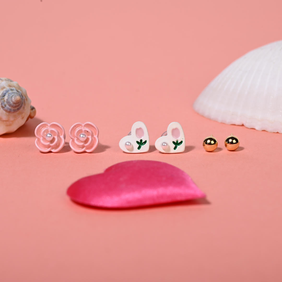 Enamel Flower & Bunny 925 Silver Stud Set (3 Pairs)