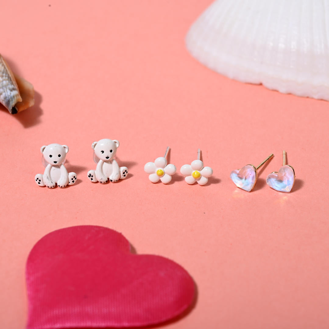 Cuddle-Buddy Stud Earrings (925 Silver, 3-Pair)