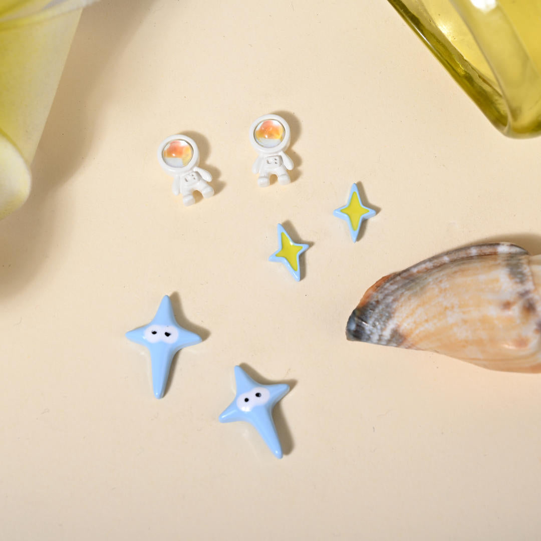 Space Mission Stud Earring Set (925 Silver, 3-Pair)